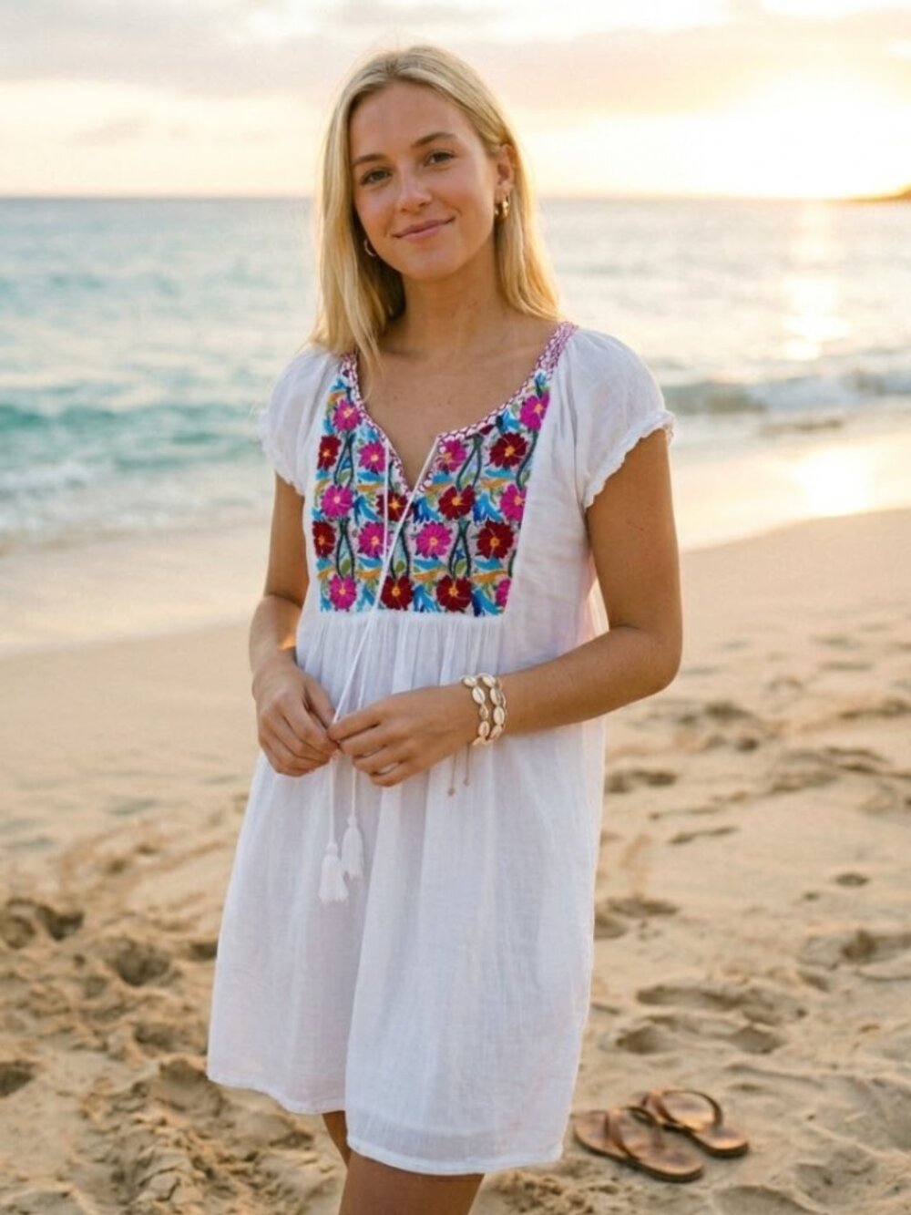 La Cera White Embroidered Mexican Peasant Dress L Cotton Boho Cottage Pockets